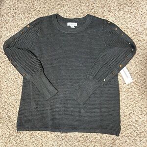 Crew Neck Charcoal Heather Grey Pullover Sweater with gold button detail